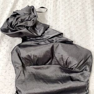 Gorgeous silver grey one sleeve with beautiful rose on shoulder rRuched dress